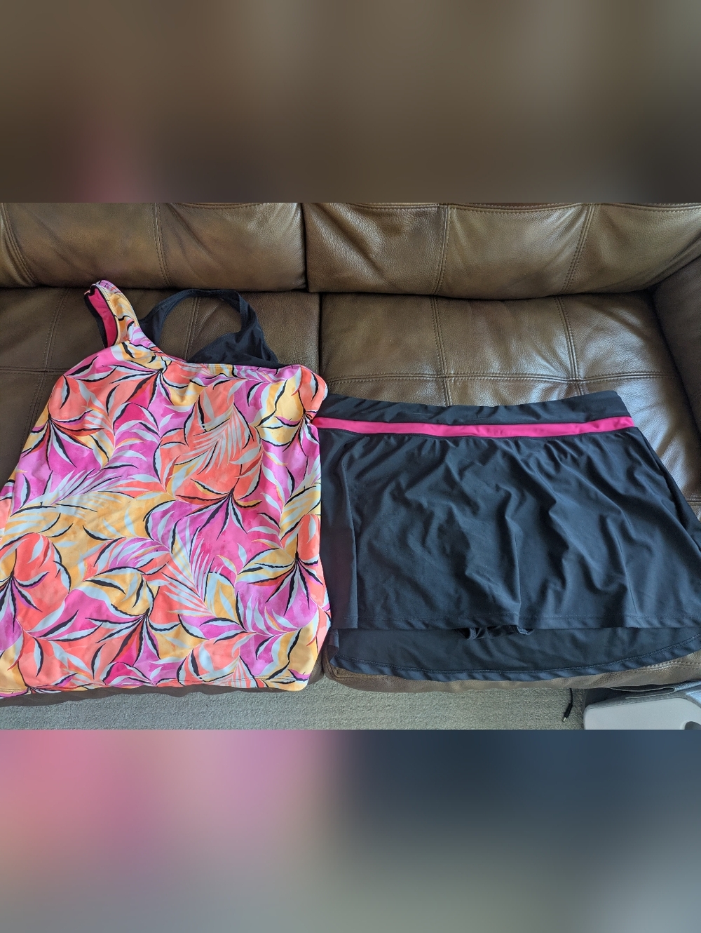 ZeroXposur Pink Floral Tankini Top with Black Swim Skirt